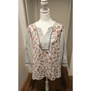 John Mark Linen Blend Mixed Media Top  L Boho Relaxed Cottagecore Coastal Tunic